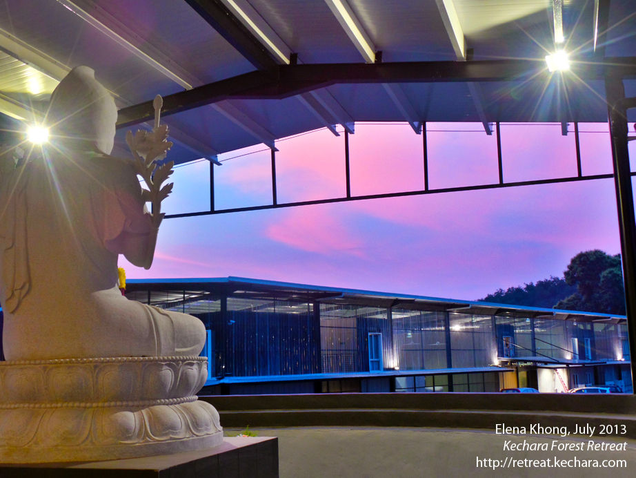 Lama Tsongkhapa at dusk, gazing out over Dukkar Apartments