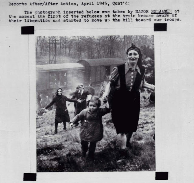 Jewish prisoners at the moment of their liberation from an internment camp "death train" near the Elbe in 1945.