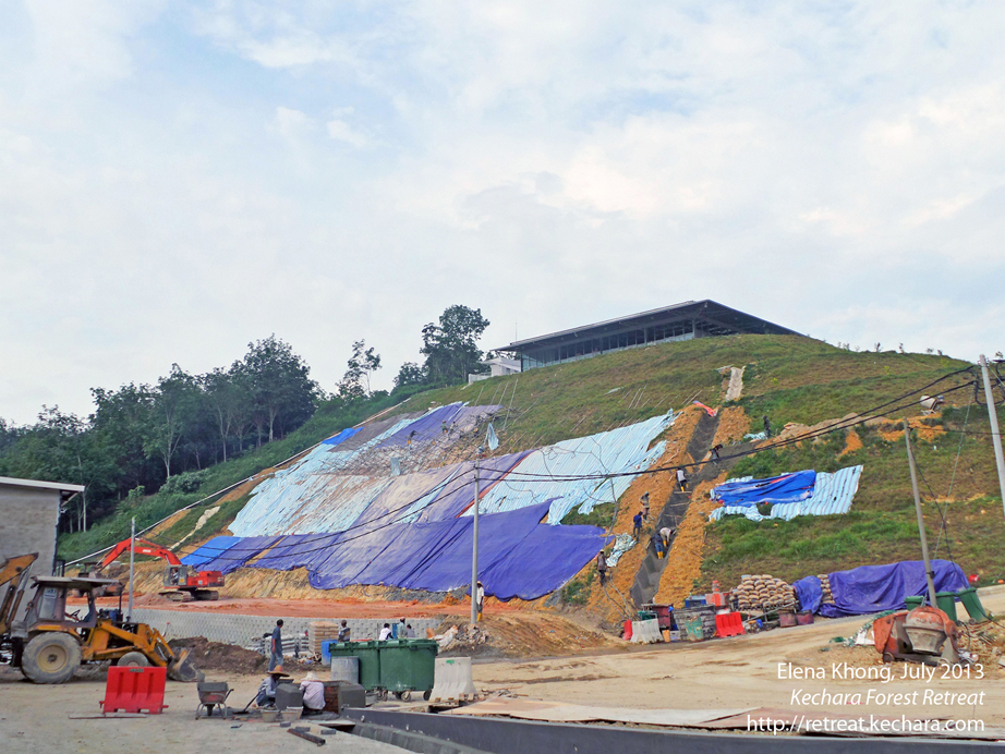 The base of Manjushri Hill, being reinforced with keystone walls and a drain to remove excess rainwater