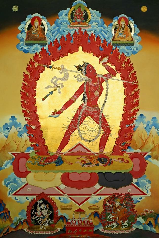 A fantastic image of Vajrayogini with the Protector of her practice Cittipati (aka Kinkara, bottom left). Bottom right is Dorje Shugden