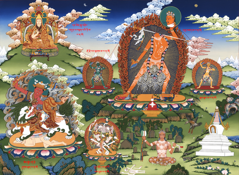 (Top to bottom): H.H. the 7th Panchen Lama, Ucheyma (Severed Headed Vajrayogini), Vajra Varnani (green assistant), Vajra Vairocani (yellow assistant), Dorje Shugden and Citipati. Click for high-resolution image or click here for more high resolution Buddha images.