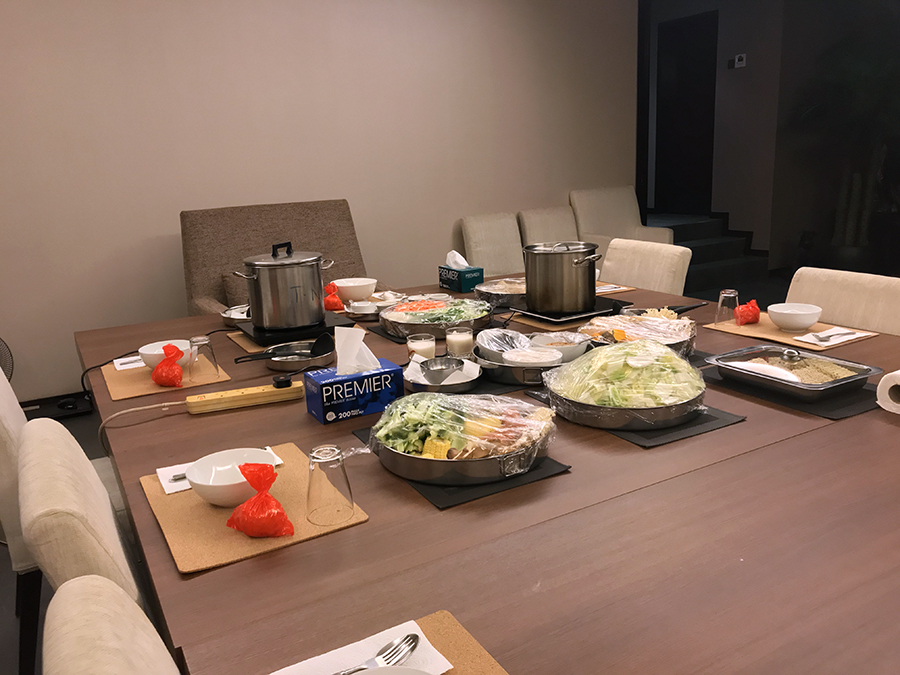 Our set-up for the 2018 reunion dinner hotpot with Rinpoche